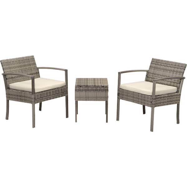 Afoxsos 3-Piece Rattan Wicker Outdoor Bistro Set Outdoor Conversation Set with White Cushions, 2 Armchairs and 1 Table