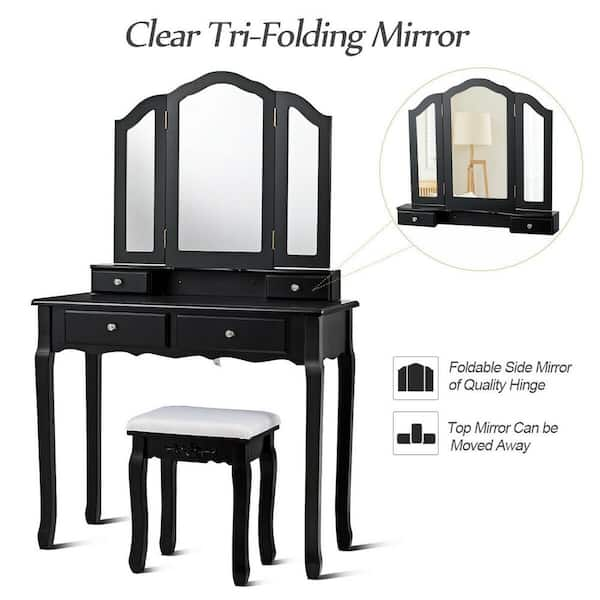 FORCLOVER 4-Drawer Black Dressing Vanity Table Stool Set with Tri