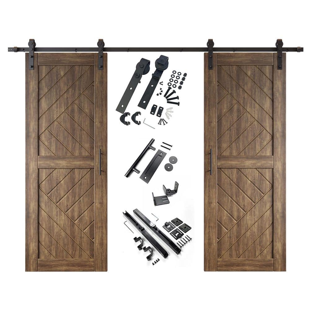 HT 30 in. x 80 in. C-Panel Dark Walnut Geometric Design Double Pine Wood Sliding Barn Door with Hardware Kit price history on PriceWatchPro