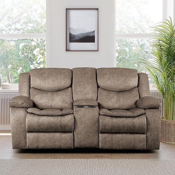 Unbranded Austin 78.5 in. W Brown Microfiber Double Glider Reclining Loveseat with Center Console