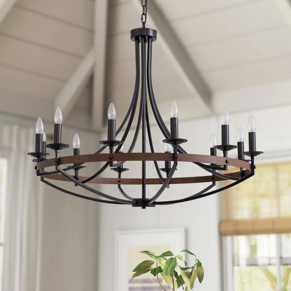 12-Light Walnut Candle Style Dimmable Wagon Wheel Chandelier for Dining Room and Living Room price history on PriceWatchPro