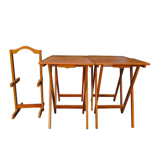Angel Sar 4-Piece Chestnut Solid Wood Outdoor Side Folding Trays Table with Storage Rack