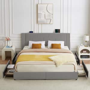 Upholstered Bed Deep Gray Metal Frame King Platform Bed with USB Charging, Drawers & No Boxspring Needed, Easy Assembly