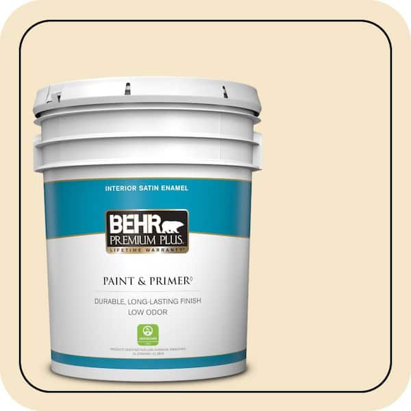 BEHR PREMIUM PLUS 5 gal. #340E-2 Cottonseed Satin Enamel Low Odor Interior Paint & Primer