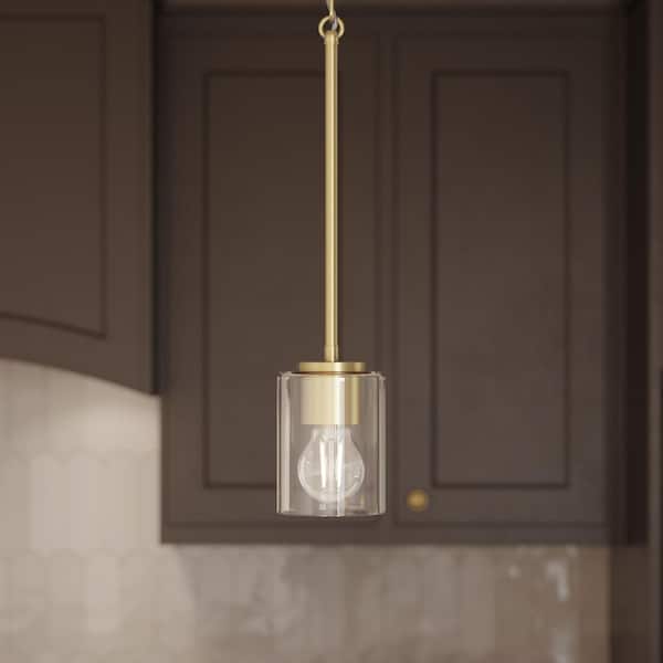 Replay 3.875 in. 1-Light Brushed Gold Pendant Light with Clear Glass Shades
