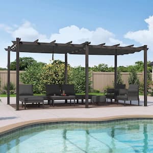 12 ft. x 18 ft. Gray Aluminum Frame Outdoor Patio Pergola Gazebo with Gray Retractable Sun Shade Canopy for Porch