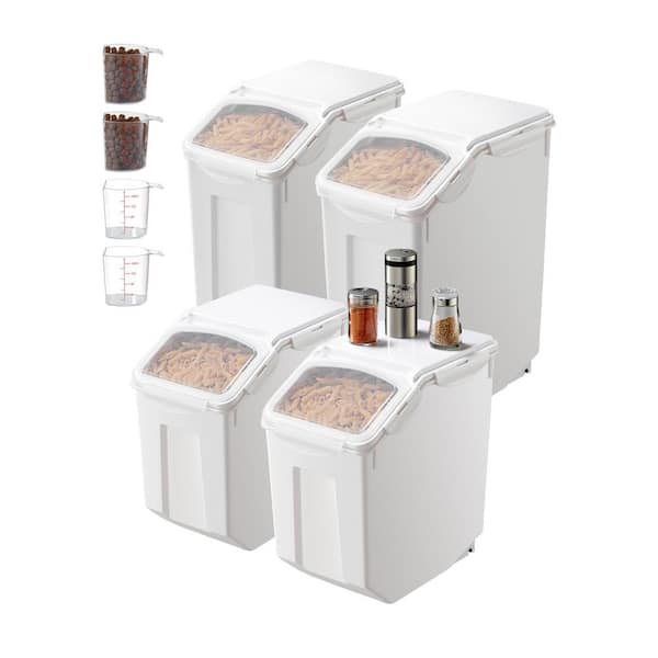 Rice Storage Container, 3.5 Gal/15 L x 2 & 4.5 Gal/20 Lx 2 Dog Food Dispenser Bin, Airtight Lid, Wheels, 4 Cups, 4 Pack