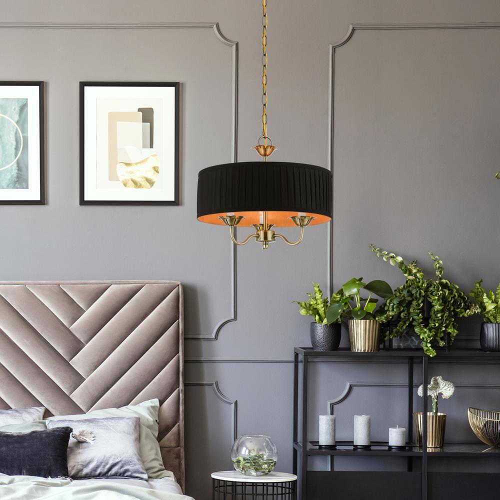 Antique Brass Transitional 3-Light Drum Pendant with Pleated Shade