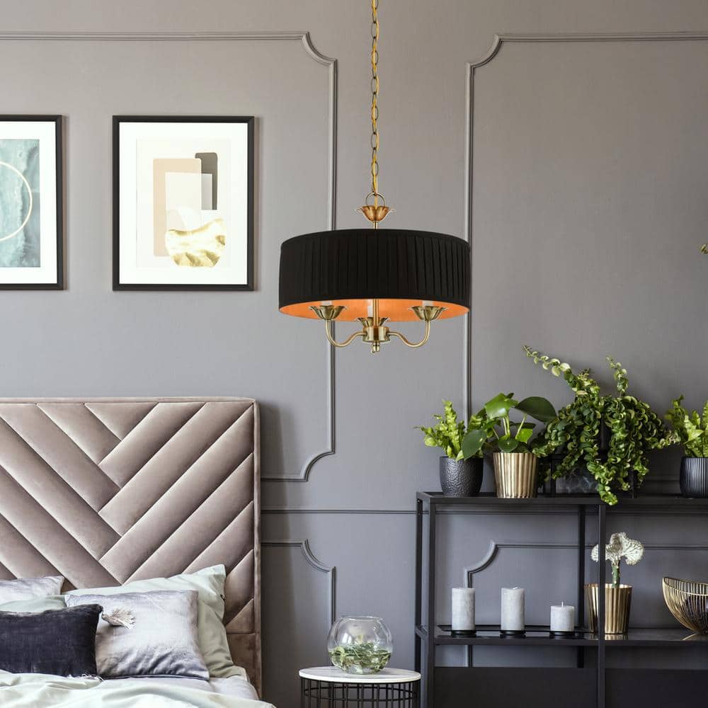 Antique Brass Transitional 3-Light Drum Pendant with Pleated Shade