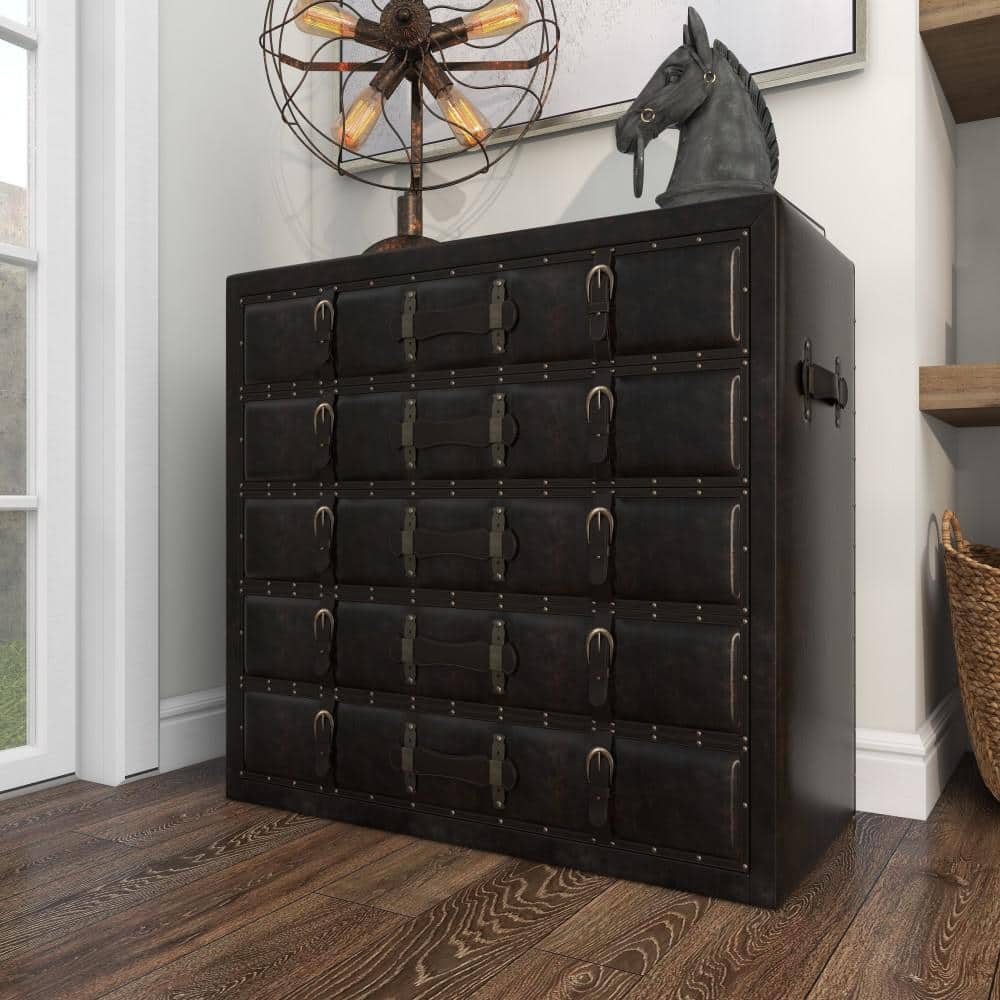 Black Wood Vintage Faux Leather Chest with Buckles and Straps