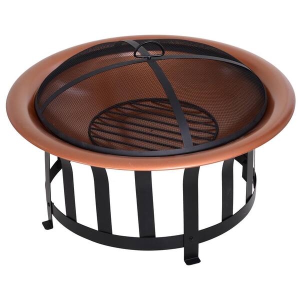 Outsunny 30 In W X 19 In H Copper Colored Steel Round Metal Wood Fire Pit Bowl W Base Poker Mesh Screen For Ember Protection 842 138 The Home Depot