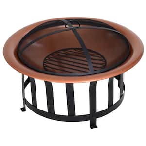 30 in. W x 19 in. H Copper Colored Steel Round Metal Wood Fire Pit Bowl w/Base, Poker & Mesh Screen for Ember Protection