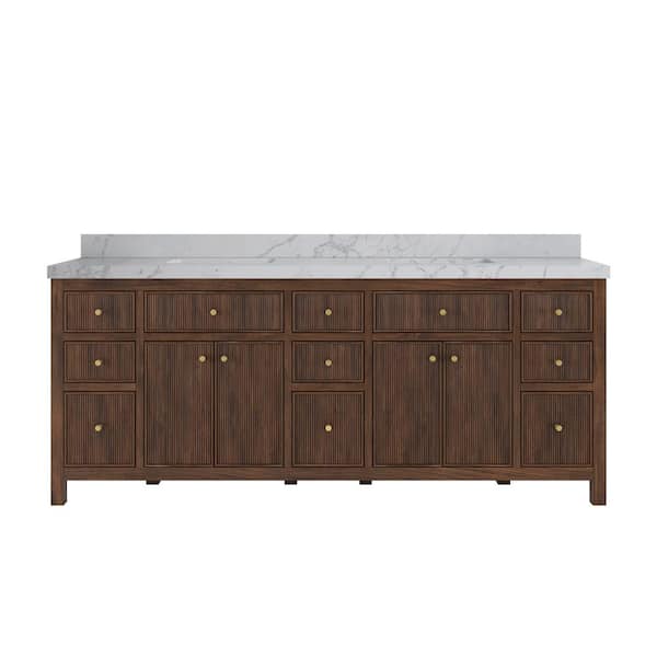 Sonoma Teak 84 in. Double Sink Freestanding Dark Walnut Bath Vanity with Venatino Quartz Top Unassembled