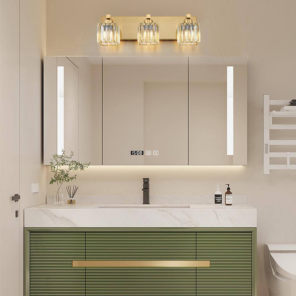 Gold Crystal 3-Light Bathroom Vanity Fixture with Square Shades