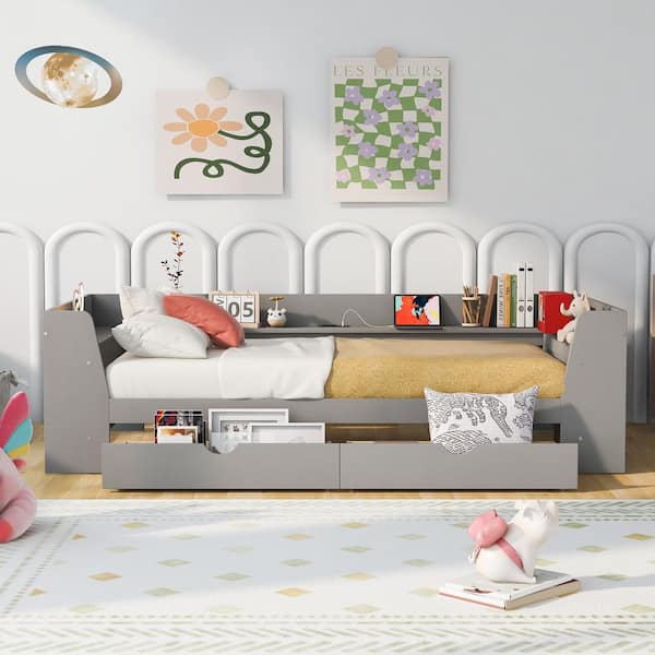 Grey Twin Daybed with Shelves, Drawers and Built-in Charging