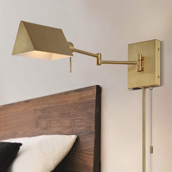 Arlo 22 in. 1-Light Brass Gold Farmhouse Industrial Single Swing Arm Plug-In/Hardwired Iron LED Wall Sconce w/Pull-Chain