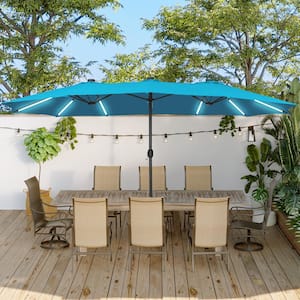 15 ft. Iron Market Patio Umbrella in Turquoise with Base and Solar LED Strip Lights
