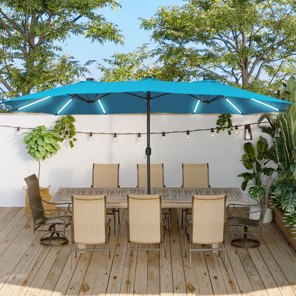 15 ft. Iron Market Patio Umbrella in Turquoise with Base and Solar LED Stri