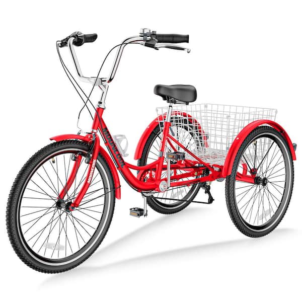 BOZTIY 24 in. 3-Wheel 7-Speed Adult Tricycles 3-Wheel Bike Cruiser Trike for Men/Women/Seniors, Red