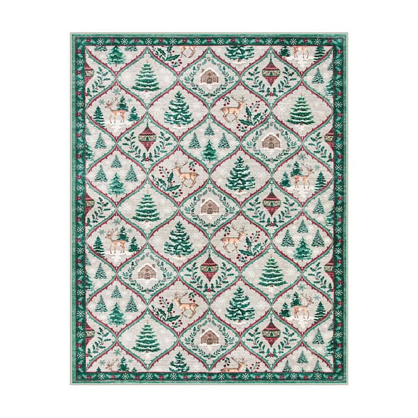 Washable Christmas Vintage Moroccan Non Slip 8 ft. x 10 ft. Beige/Green Living Room Kitchen Indoor Area Rug