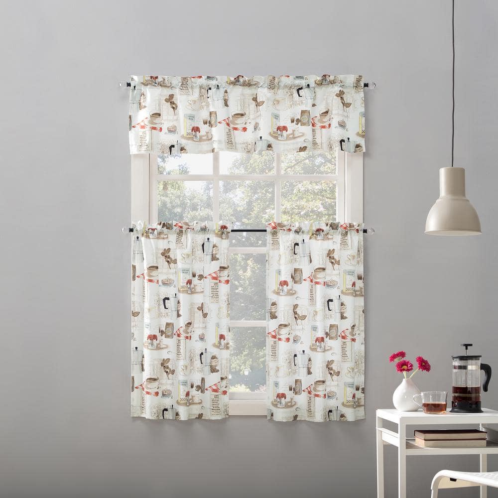 White Coffee Shop Themed Sheer Polyester Kitchen Curtain Set