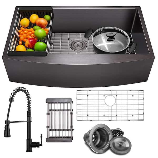 All-in-One Matte Black Finished Stainless Steel 33 in. x 20 in. Farmhouse Apron Mount Kitchen Sink with Faucet