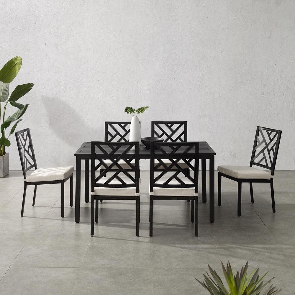 Locke 7-Piece Black Steel Outdoor Dining Set with Cream Cushions