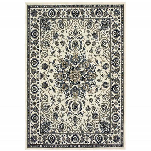 Ivory, Blue 2 ft. x 4 ft. Loomed Oriental Polypropylene Rectangle Indoor/Outdoor Area Rug