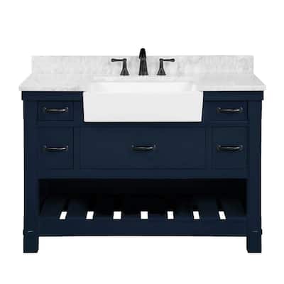 Farmville 48 in. W x 22 in. D x 34.75 in. H Vanity in Navy Blue with Carrara Marble Vanity Top in White with White Basin