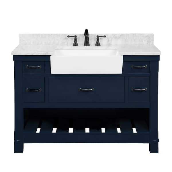 TILE & TOP Farmville 48 in. W x 22 in. D x 34.75 in. H Vanity in Navy Blue with Carrara Marble Vanity Top in White with White Basin