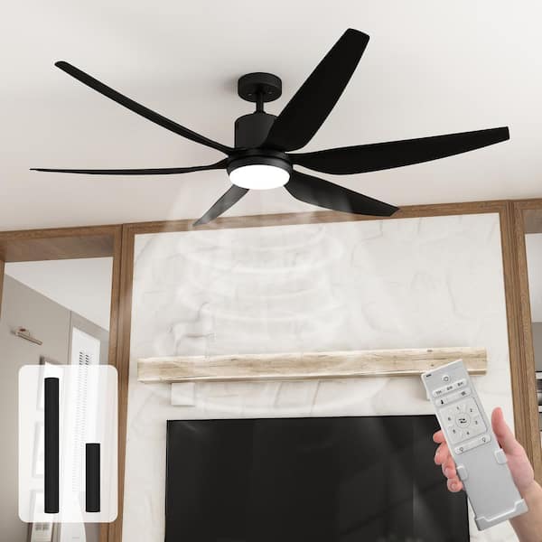 WIAWG 66 in. Integrated LED Indoor Outdoor Black Ceiling Fan with Light Kit and Remote Control, 6 Blades, 1, 4, 8-hour Timing