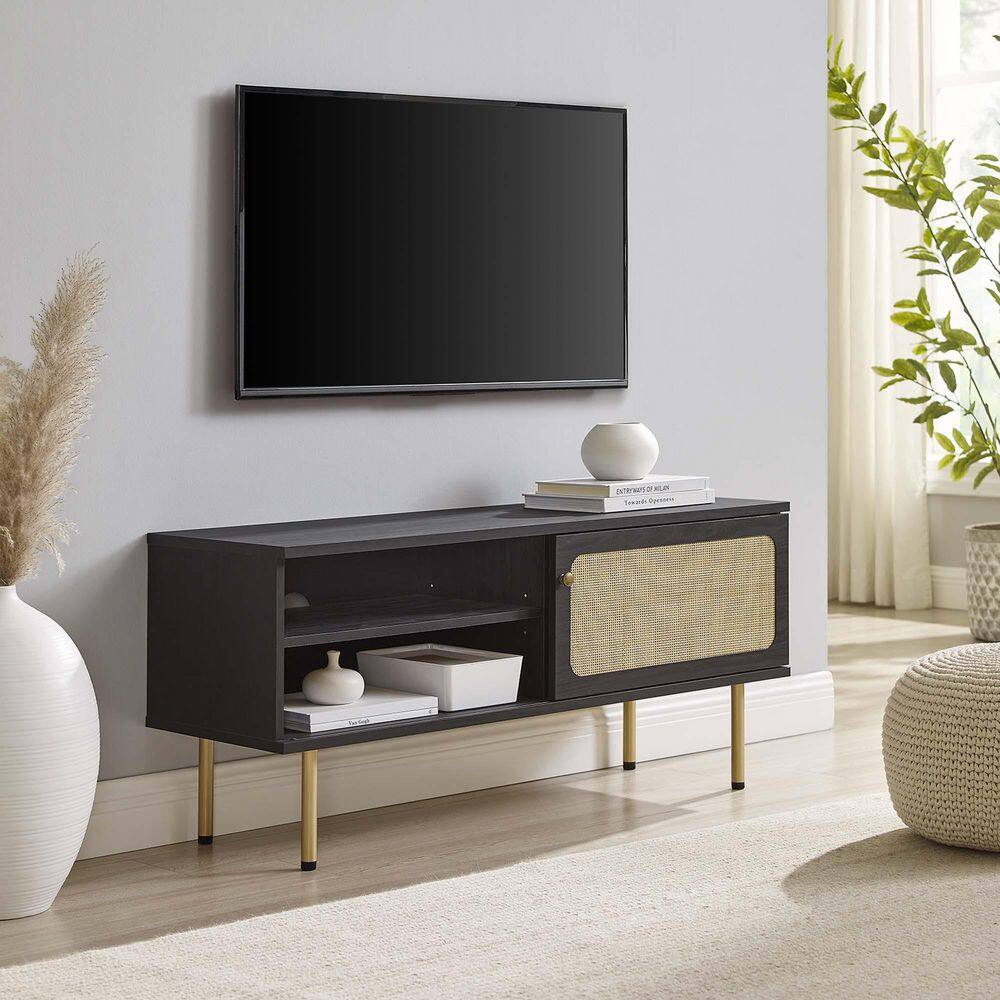Cambria 47" Black Particleboard TV Stand with Rattan Weave