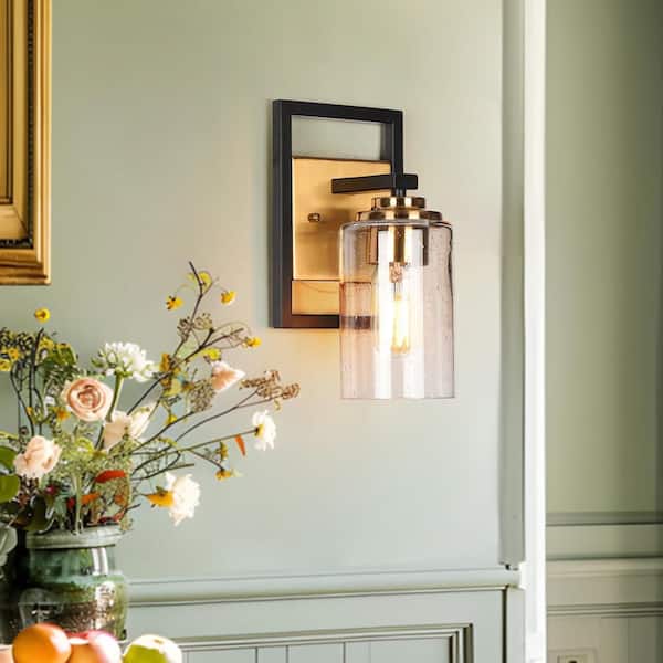 1-Light Brass Gold Modern Indoor Wall Sconce, Black Bathroom Vanity Light, Cylinder Seeded Glass Wall Light for Bedroom