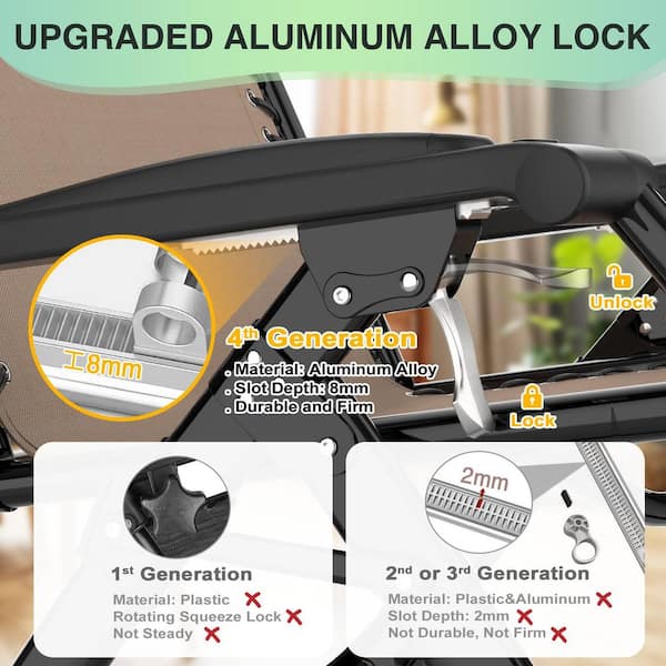 33 in.W Oversized Zero Gravity Chair Metal Outdoor Chaise Lounge with Khaki Removable Cushion and Headrest