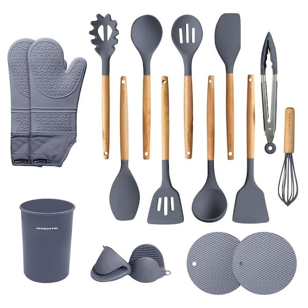 Silicone Kitchen Cooking Utensils Set, 17-Piece Heat Resistant Cooking Tools Nonstick Cookware, BPA Free, Grey SPS17G