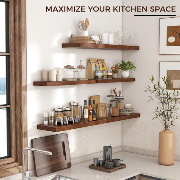 47 in. W x 9 in. D Walnut Floating Decorative Wall Shelf (Set-2