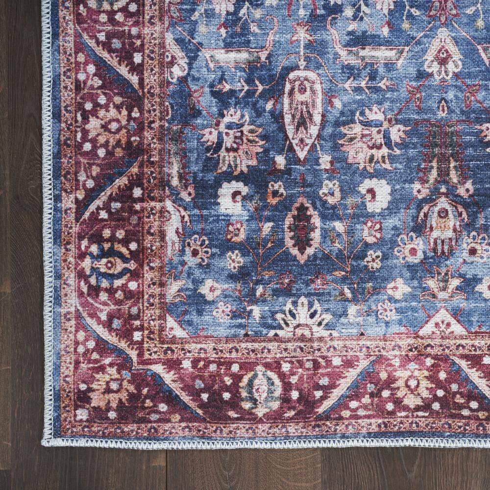 Blue and Brick Floral 5' x 7' Washable Synthetic Rug