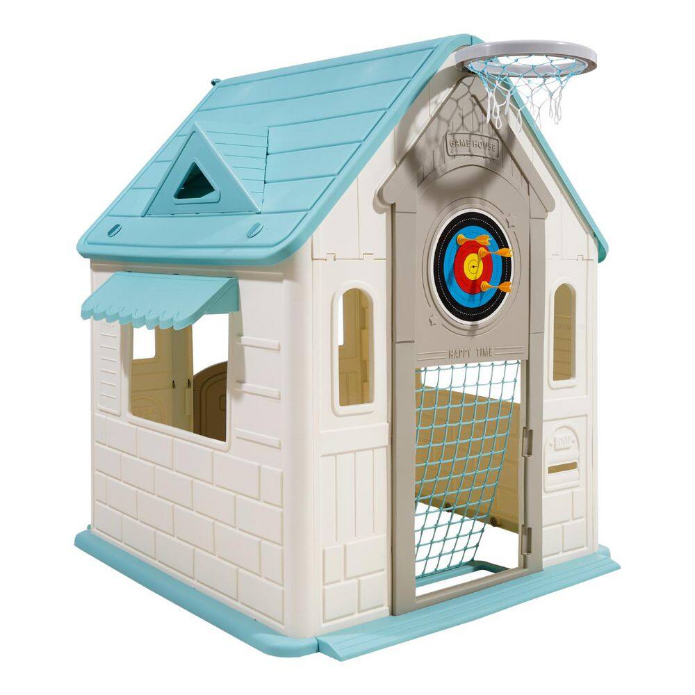 Outdoor Playhouse, 5-In-1 Cottage Play House w/ Pretend Play, Basketball, Darts, Soccer, Ring Toss, Window and Door Blue price history on PriceWatchPro
