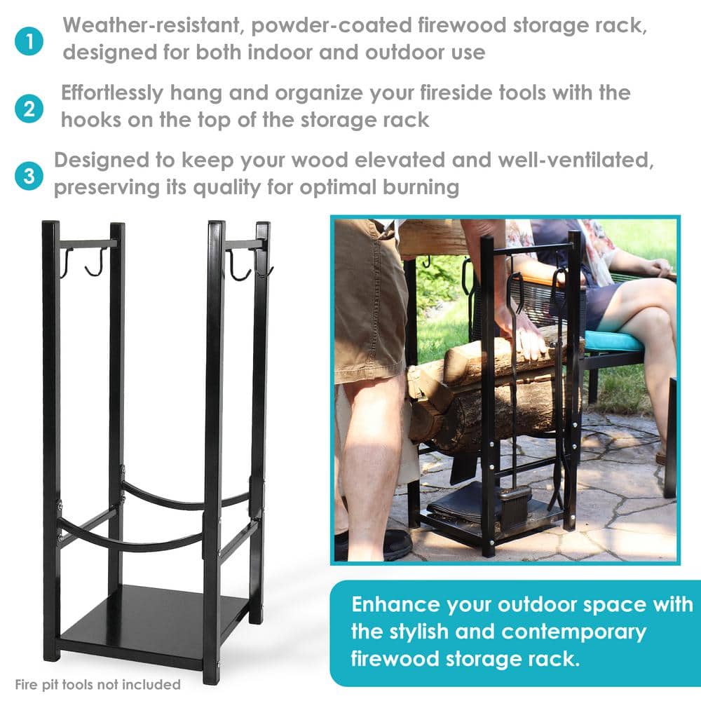 Sunnydaze Black Steel 32" Indoor/Outdoor Firewood Log Rack with Hooks
