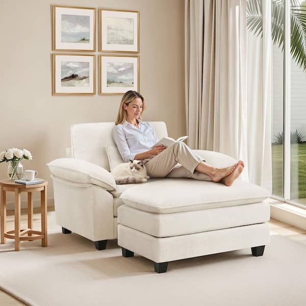 2-Piece Beige Chenille Fabric Upholstery Accent Chair 3-Layer Cushion Armchair with Ottoman