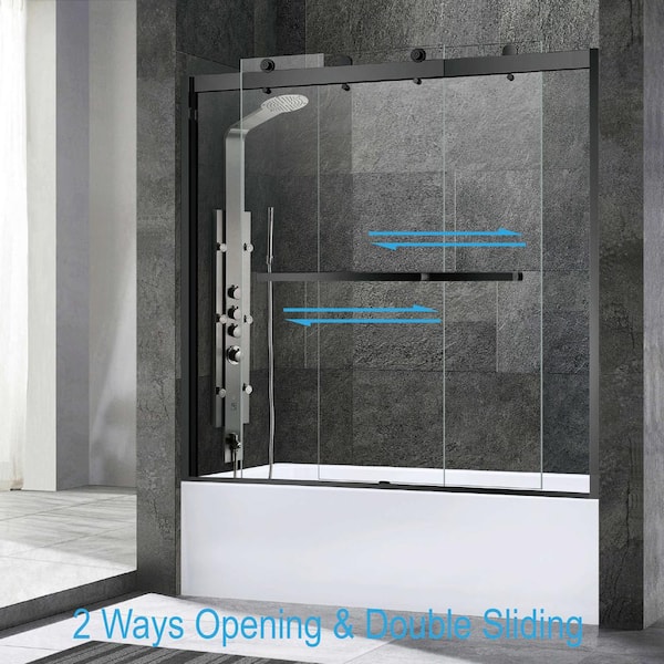 WOODBRIDGE 60 in.W x 62 in.H Double Sliding Frameless Tub Door in Matte Black with 3/8 in. (10 mm) Clear Tempered Glass