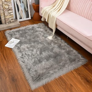 Sheepskin Faux Furry Grey 3 ft. x 4 ft. Cozy Rugs Area Rug