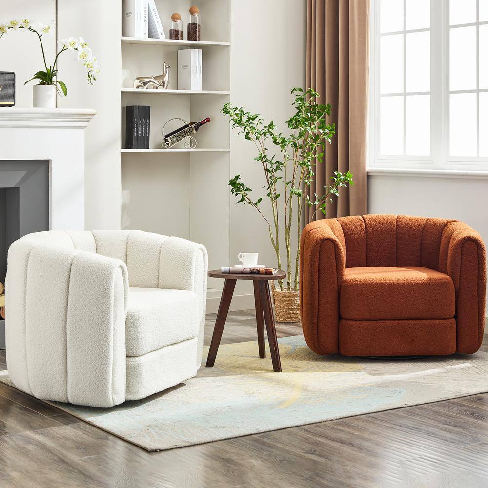 Burnt Orange Teddy Fabric Swivel Barrel Accent Chair with Wood Frame