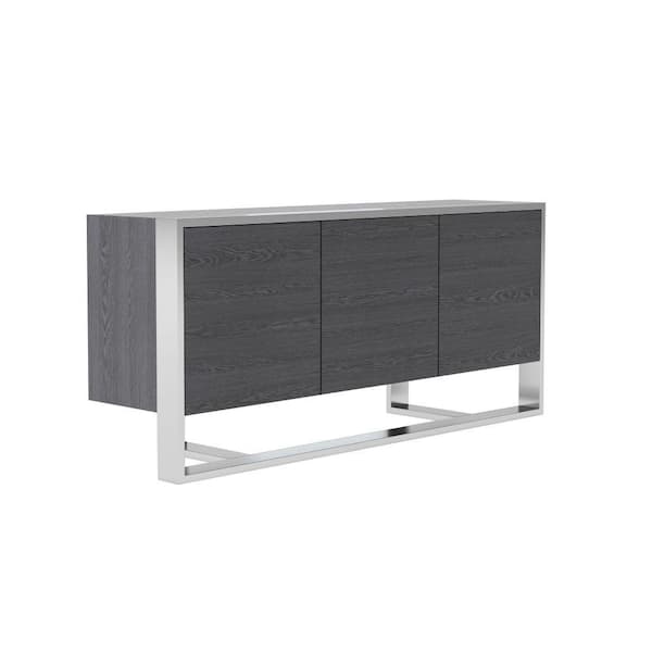 Benjara Gray and Chrome Wood Top 17.5 in. Sideboard with 3-Doors and 3 Shelves