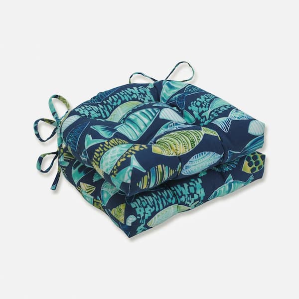 Pillow Perfect Tropical 16 in. x 15.5 in. Outdoor Dining Chair Cushion in Blue/Green/Orange (Set of 2)