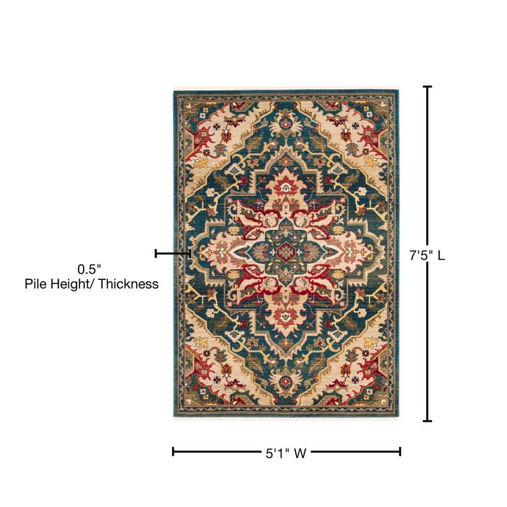 Elysian Blue Floral Easy-Care Synthetic Area Rug, 5'1" x 7'5"
