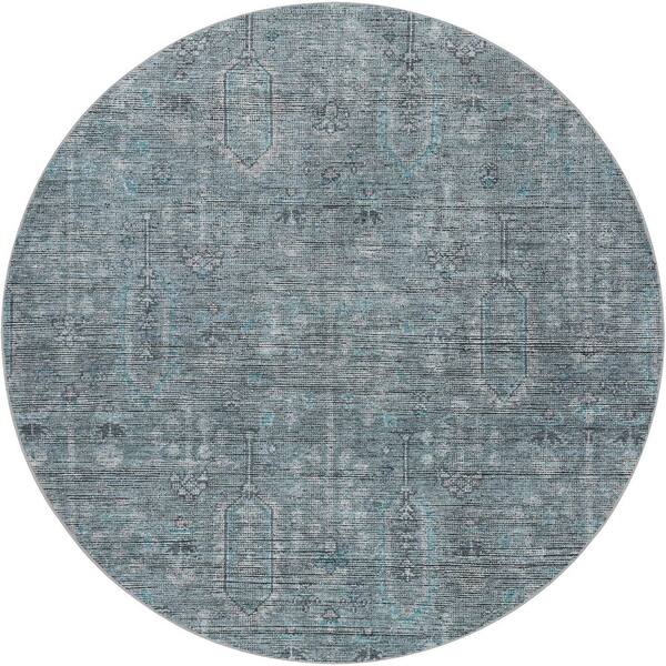 Dream Shag Premium Machine Washable Abstract ADS790 Teal 8 ft. x 8 ft. Round Rug