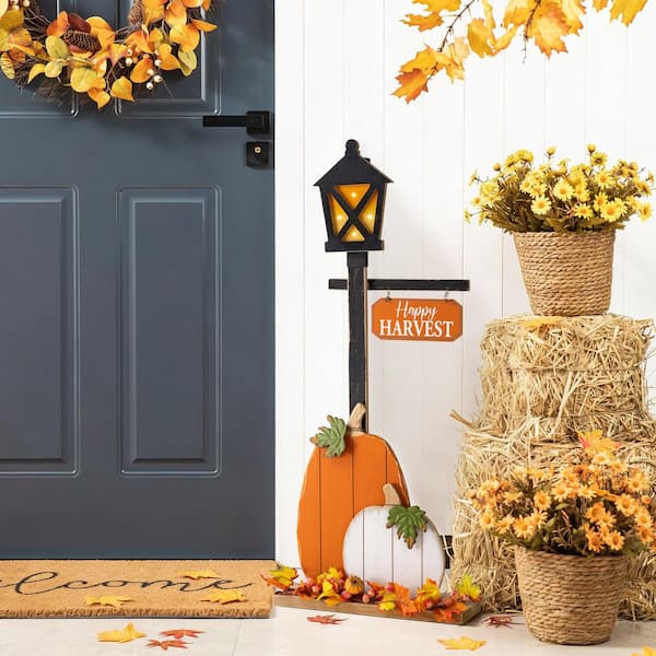 Glitzhome 36 in. H Fall Lighted Wooden Pumpkin Lamp Post Porch
