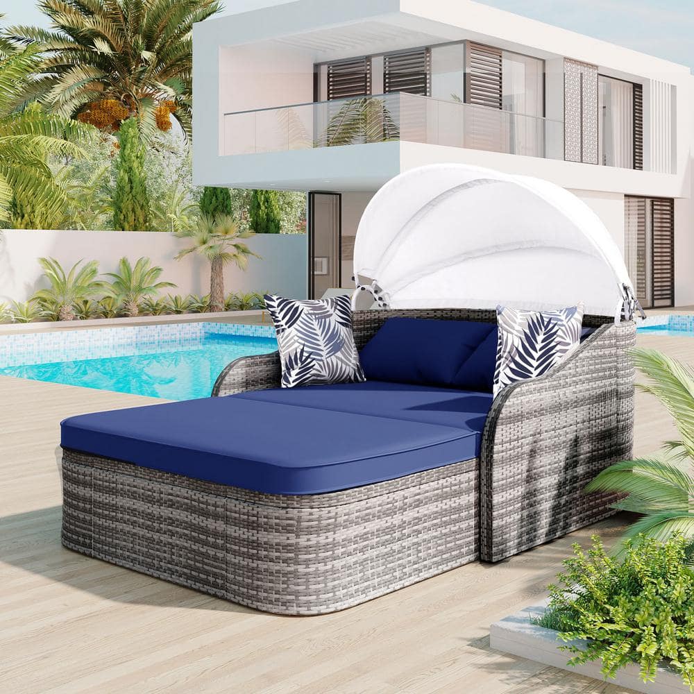 Wicker Outdoor Chaise Sofa Bed, Loveseat Sectional Sofa Bed with Pillows Gr