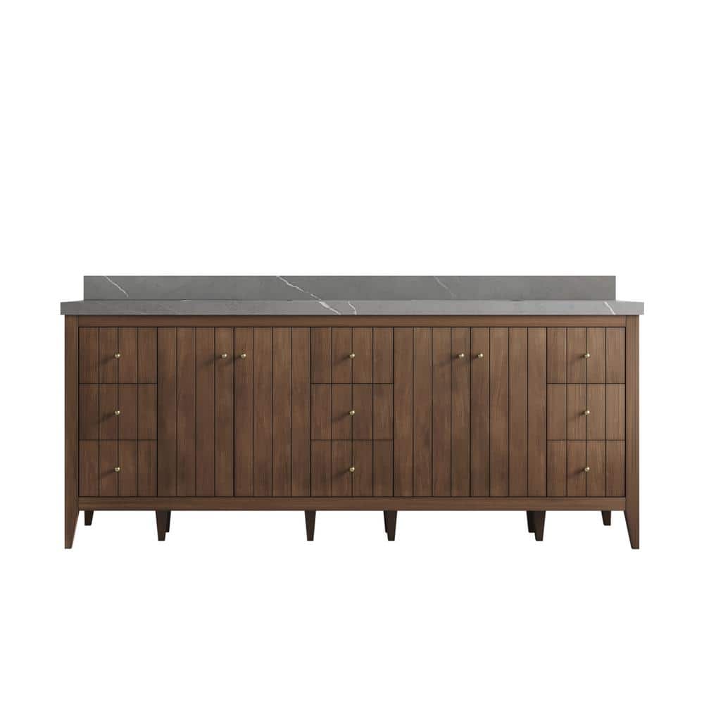 Atlanta Teak 84 in. W x 22 in. D x 36 in. H Double Sink Bath Vanity in Dark Natural with 2 in. Piatra Gray qt. Top price history on PriceWatchPro